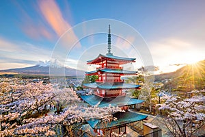 Mountain Fuji and Chureito red pagoda with cherry blossom sakura