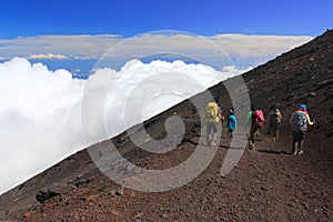 Mountain Fuji climbing and sea of clouds.