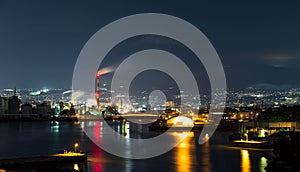 Mountain Fuji and industry factory at night