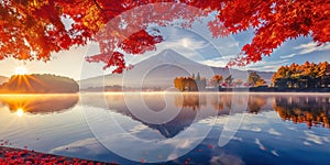 Mountain Fuji rises above lake Kawaguchiko surrounded by autumn foliage and morning fog in Japan. Red leaves reflect on photo