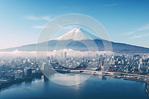 Mountain Fuji San at Kawaguchiko lake. Aerial view of Tokyo cityscape with Fuji mountain in Japan, AI Generated