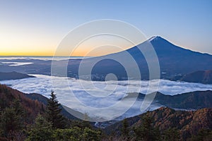 Mountain Fuji and sea of mist above Kawaguchiko lake