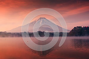 Mountain Fuji and Shoji lake at dawn