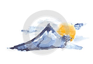 Mountain Fuji and sun, japanese art, vector