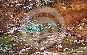 Mountain garbage, plastic waste, pollution concept