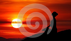Mountain girl silhouette, meditation at sunset, red sky