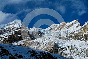 Mountain glacier landscape and scenic view of high mountains in Himalayas