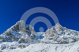 Mountain glacier landscape and scenic view of high mountains in Himalayas