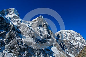 Mountain glacier landscape and scenic view of high mountains in Himalayas