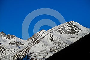 Mountain glacier landscape and scenic view of high mountains in Himalayas