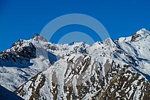 Mountain glacier landscape and scenic view of high mountains in Himalayas