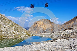 Mountain and glacier landscape in Tirol. Austria, region of Hintertux. View on valley from cable car and glacier in