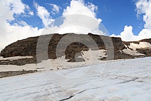 Mountain glacier panorama and alpine hut Oberwalderhütte in Glockner Group, Austria