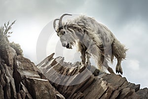 mountain goat climbing a rocky peak