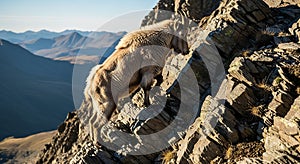 Mountain goat (Oreamnos americanus) skillfully climbs a rocky slope, its shaggy photo