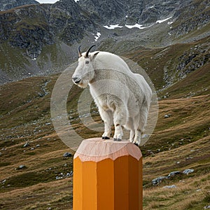 A mountain goat (Oreamnos americanus) stands atop a large, pencil-shaped structure photo