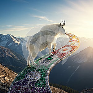 A mountain goat (Oreamnos americanus) stands on an ornate, gem-encrusted path photo