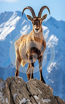 Mountain goat perched gracefully on a rugged rock in the midst of a stunning mountainous landscape. photo