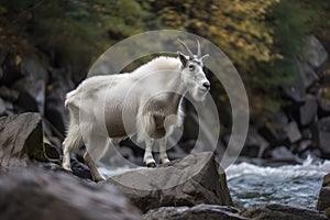 A Mountain Goat Standing On A Rocky Cliff Near A River. Generative AI