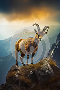 Mountain goat standing on top of rocky hill with cloudy sky in the background. Generative AI