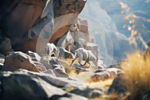 mountain goats traversing a rocky cliff path