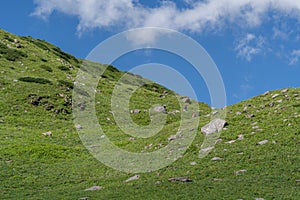 Mountain with green grass and blue sky partly cloudy.