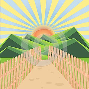 Mountain green landscape wood fence path yellow sun blue sky flat design art design stock vector illustration