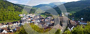 Mountain green valley village landscape, Pyrenees, Otsagabia, Navarra photo