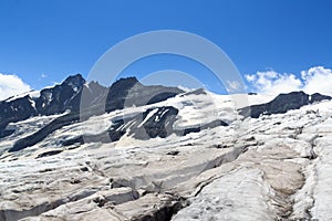 Mountain Grossglockner panorama and glacier Pasterze with icefall Hufeisenbruch and crevasses in Glockner Group, Austria