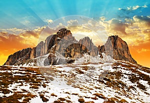 Mountain group Sassolungo Langkofel at sunset. South Tyrol, Italy.
