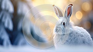 Mountain hare in white fur or pelage. Snowy winter landscape