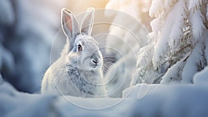 Mountain hare in white fur or pelage. Snowy winter landscape