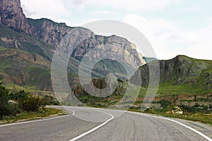 Mountain highway and landscape. North Caucasus travel