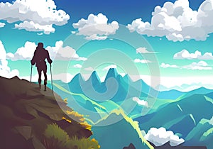 A mountain hiker is depicted in profile against a gorgeous mountain backdrop in a blue sky with white clouds.