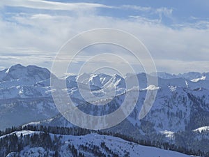 Mountain hiking at Brecherspitze mountain, Bavaria, Germany in wintertime photo