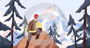 Mountain hiking flat vector illustration. Backpacker exploring wild nature. New horizons and goals concept. Man with