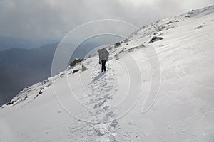 Mountain hiking in snow