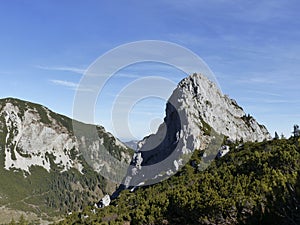 Mountain hiking tour to Auerspitze mountain, Mangfall mountain range, Bavaria, Germany