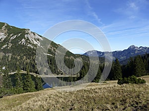 Mountain hiking tour to Auerspitze mountain, Mangfall mountain range, Bavaria, Germany