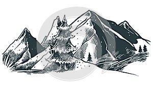 Mountain hill landscape Hand drawn vector illustration, sketch natural drawing vintage style Handdrawn rocky peaks black and white