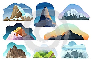 Mountain hill landscape vector illustration set, cartoon different nature high rock, peak with clouds icons isolated on