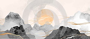 Mountain, hills, sun, clouds abstract art vector. Luxury oriental style pink, blush, black, grey colors watercolor.