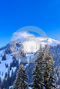 Mountain Hohe Salve with snow in winter. Ski resort Soll