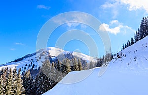 Mountain Hohe Salve with snow in winter. Ski resort Soll, Tyrol