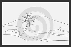 mountain and home. Black and white vector illustration for coloring book.
