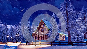 Mountain house decorated for Xmas at snowy winter night