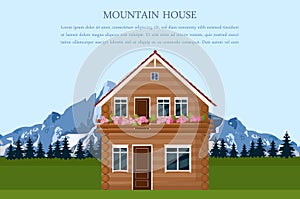 Mountain house swiss style card Vector. Landscape view Cartoon background illustrations