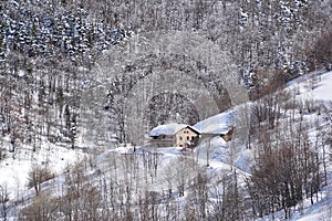 Mountain houses covered with snow