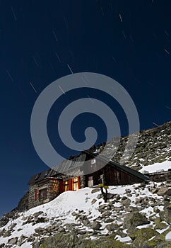 Mountain hut at night.