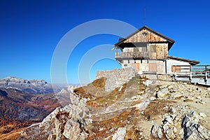 The mountain hut Rifugio Nuvolau, the oldest refuge in the Dolomites in an autumn sunny day.